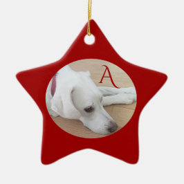 Ornement En Céramique Chien mignon personnalisé une initiale rouge étoil