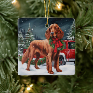 Ornement En Céramique Chien rouge irlandais à la neige Noël