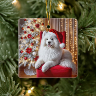 Ornement En Céramique Chien Samoyé avec Casquette du Père Noël