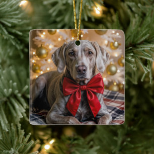 Ornement En Céramique Chien Weimaraner de Noël avec Nœud Rouge