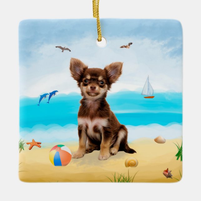 Ornement En Céramique Chihuahua Dog sur la plage (Devant)