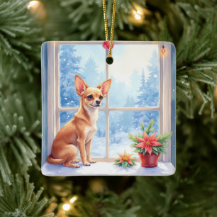 Ornement En Céramique Chihuahua Fenêtre enneigée Vacances Noël Art
