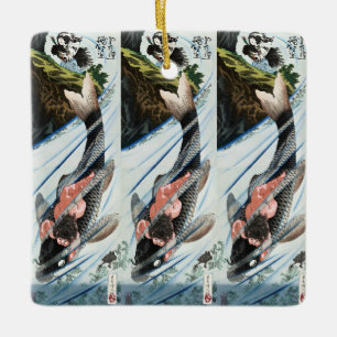 Ornement En Céramique Chinoiserie Carpes Koï Cascade Art Japonais