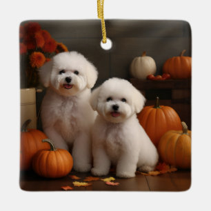 Ornement En Céramique Chiots Bichon Frise Délice d'Automne Citrouille