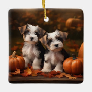 Ornement En Céramique Chiots Biewer Terrier Automne Délice Citrouille