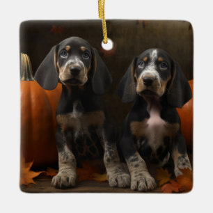 Ornement En Céramique Chiots Bluetick Coonhound Délice d'Automne Citroui