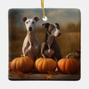 Ornement En Céramique Chiots Greyhound Délice d'Automne Citrouille