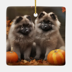 Ornement En Céramique Chiots Keeshond Automne Délice Citrouille