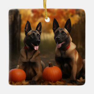 Ornement En Céramique Chiots Malinois Belge Automne Délice Citrouille 
