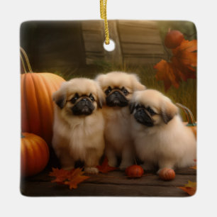Ornement En Céramique Chiots Pékinois Automne Délice Citrouille