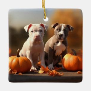 Ornement En Céramique Chiots Pitbull Délice d'Automne Citrouille 