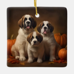 Ornement En Céramique Chiots Saint-Bernard Délice d'Automne Citrouille