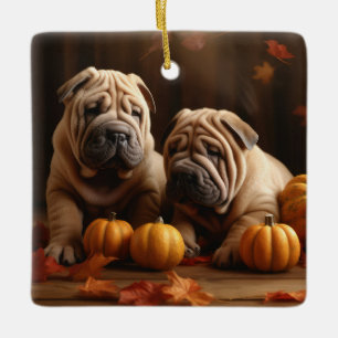 Ornement En Céramique Chiots Shar Pei Délice d'Automne Citrouille