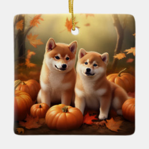 Ornement En Céramique Chiots Shiba Inu Délice d'Automne Citrouille