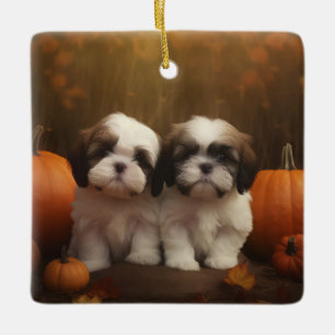Ornement En Céramique Chiots Shih Tzu Délice d'Automne Citrouille