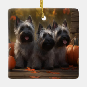 Ornement En Céramique Chiots Skye Terrier Délice d'Automne Citrouille