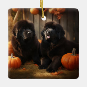 Ornement En Céramique Chiots Terre-Neuve Délice d'Automne Citrouille