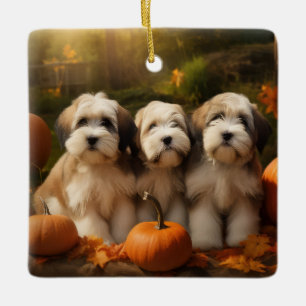 Ornement En Céramique Chiots Terrier Tibétain Délice d'Automne Citrouill