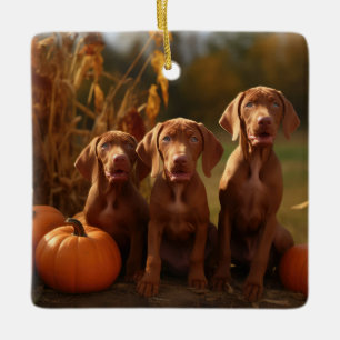 Ornement En Céramique Chiots Vizsla Délice d'Automne Citrouille