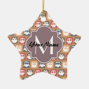 Ornement En Céramique Chouette beige Monogramme et nom personnalisés