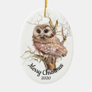 Ornement En Céramique Chouette d'aquarelle de Noël en arbre