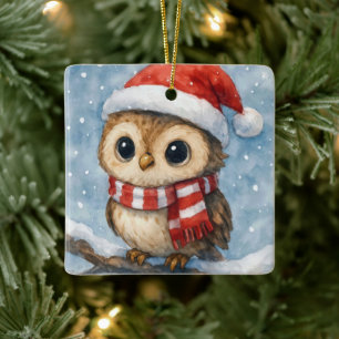 Ornement En Céramique Chouette de Noël à l'aquarelle dans des flocons de