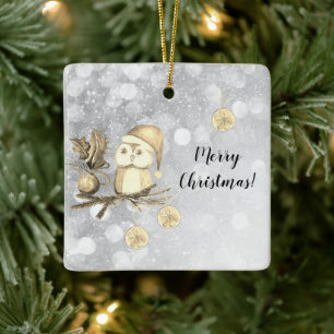 Ornement En Céramique Chouette De Noël Avec Branches Et Boules