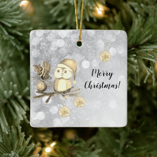 Ornement En Céramique Chouette De Noël Avec Branches Et Boules (Arbre)