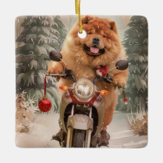 Ornement En Céramique Chow Chow Chien chevauchant la moto Noël (Devant)