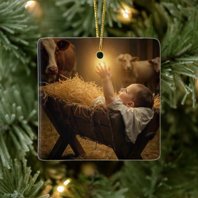 Ornement En Céramique Christmas Baby Jesus In a Manger (Arbre)