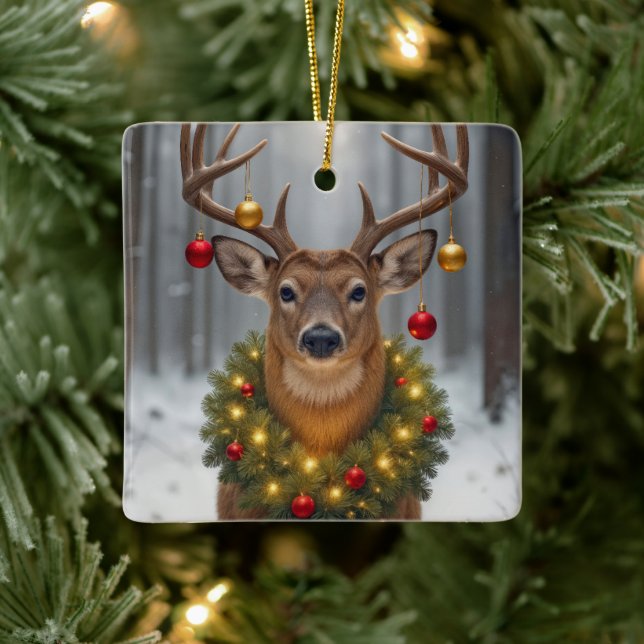 Ornement En Céramique Christmas Buck Wearing a Glowing Wreath (Arbre)