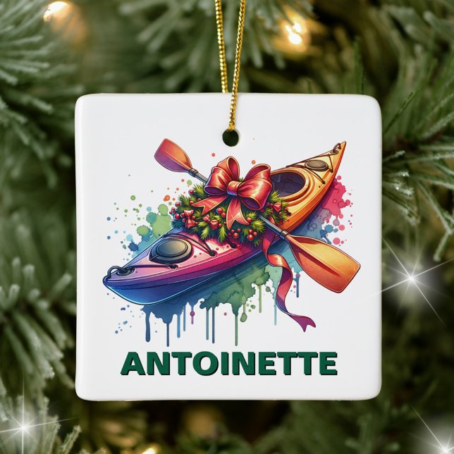 Ornement En Céramique Christmas Kayak Nom personnalisé (Créateur téléchargé)