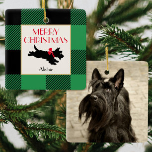Ornement En Céramique Christmas Scotty Chien Photo Buffalo Plaid Green