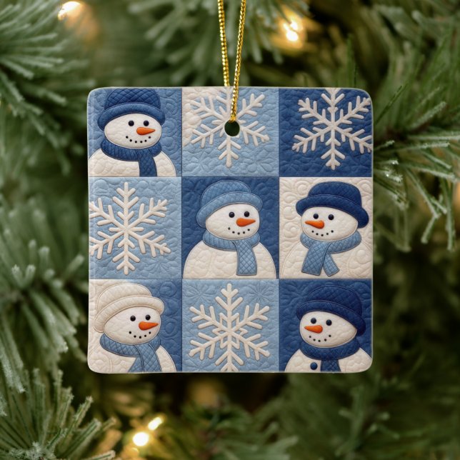 Ornement En Céramique Christmas Snowmen and Snowflakes Quilt Pattern (Arbre)