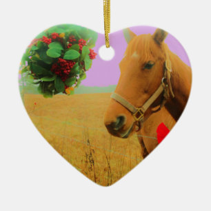 Ornement En Céramique Ciel rose rétro Cheval de Noël