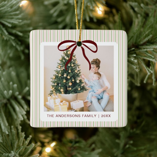 Ornement En Céramique Classic Green Pink Stripes Red Bow Christmas (Arbre)