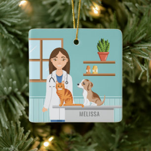 Ornement En Céramique Clinique vétérinaire femme avec chat et chiot