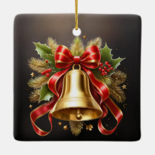 Ornement En Céramique Cloche de Noël avec garniture et ruban