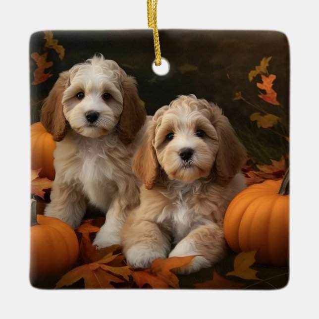 Ornement En Céramique Cockapoo Puppy Citrouille d'automne (Devant)
