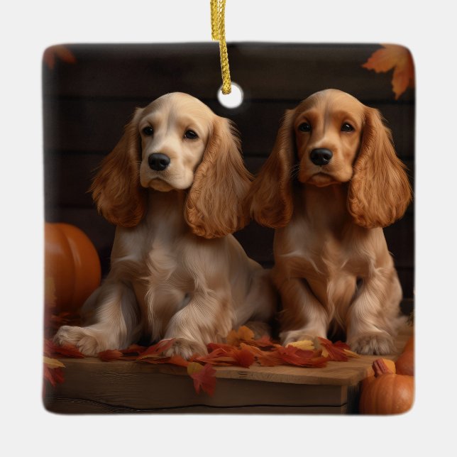 Ornement En Céramique Cocker Spaniel Puppy Automne Citrouille de plaisir (Devant)