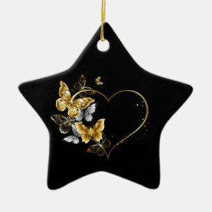 Ornement En Céramique Coeur aux papillons d'or
