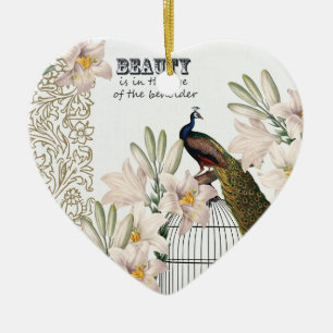 Ornement En Céramique Coeur élégant de paon de lis