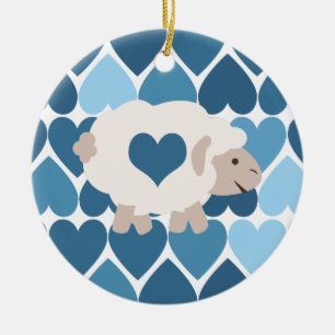 Ornement En Céramique Coeurs bleus et agneau mignon