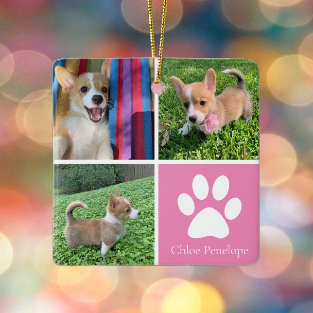 Ornement En Céramique Collage photo de chien personnalisé Joli rose doub (Créateur téléchargé)