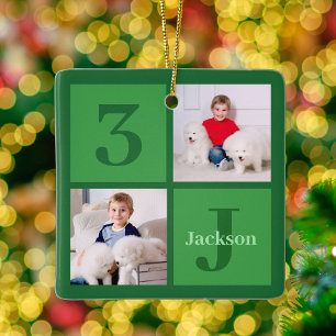 Ornement En Céramique Collage photo vert Enfants personnalisés Noël