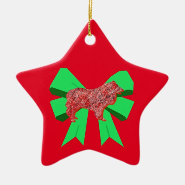 Ornement En Céramique Collie Rough Red Dog & Green Bow Céramique de Noël (Devant)