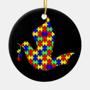 Ornement En Céramique Colombe d'espoir - morceaux de puzzle d'autisme