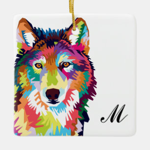 Ornement En Céramique Colorée Pop Art Wolf Monogramme