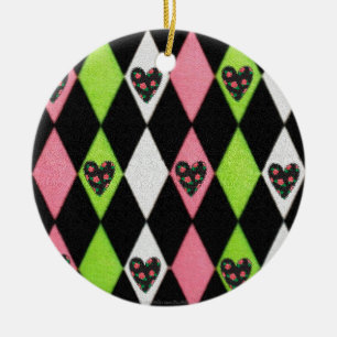 Ornement En Céramique Colorful harlequin Print with Rose Hearts