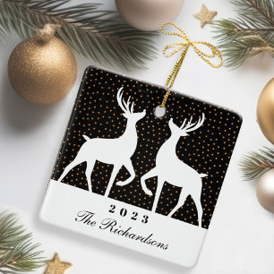 Ornement En Céramique Confetti Noir & Or Reindeer Joie Famille Photo